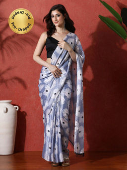 Lush Glam - Lavender Ready To Wear Floral Phulkari Chinon Saree With Unstitched Blouse