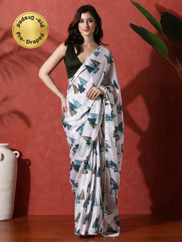 Lush Glam - White Ready To Wear Printed Phulkari Chinon Saree With Unstitched Blouse