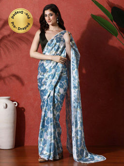Lush Glam - Ready To Wear Blue Floral Phulkari Chinon Saree With Unstitched Blouse