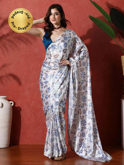Lush Glam - Ready To Wear White Floral Chinon Saree With Unstitched Blouse