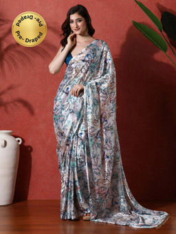 Lush Glam - Multicolor Ready To Wear Printed Phulkari Chinon Saree With Unstitched Blouse