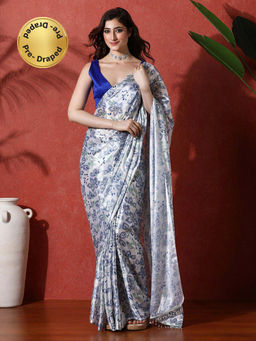 Lush Glam - Ready To Wear Floral Blue Phulkari Chinon Saree With Unstitched Blouse