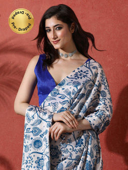 Lush Glam - Blue Ready To Wear Floral Chinon Saree With Unstitched Blouse
