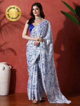 Lush Glam - Ready To Wear Blue Floral Chinon Saree With Unstitched Blouse