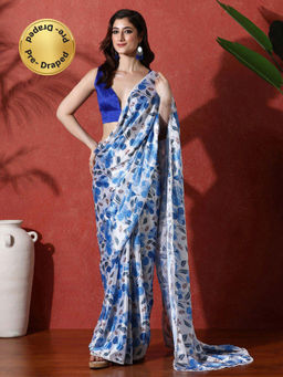 Lush Glam - Ready To Wear Floral Blue Chinon Saree With Unstitched Blouse