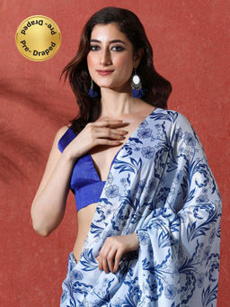 Lush Glam - Blue Ready To Wear Floral Phulkari Chinon Saree With Unstitched Blouse