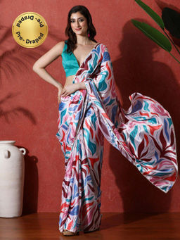 Lush Glam - Multi-Color Ready To Wear Printed Phulkari Chinon Saree With Unstitched Blouse