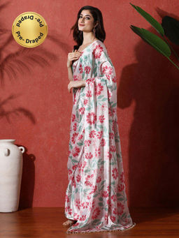Lush Glam - Multicolor Ready To Wear Floral Phulkari Chinon Saree With Unstitched Blouse