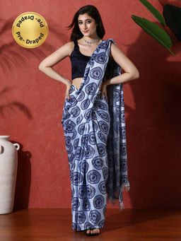 Lush Glam - Blue Ready To Wear Geometric Phulkari Chinon Saree With Unstitched Blouse