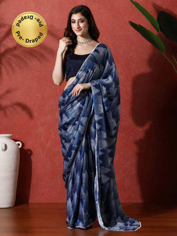 Lush Glam - Blue Ready To Wear Printed Phulkari Chinon Saree With Unstitched Blouse