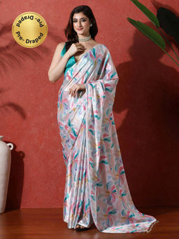 Lush Glam - Multi-Color Ready To Wear Printed Chinon Saree With Unstitched Blouse