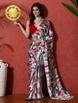 Lush Glam - Ready To Wear Multi-Color Printed Chinon Saree With Unstitched Blouse