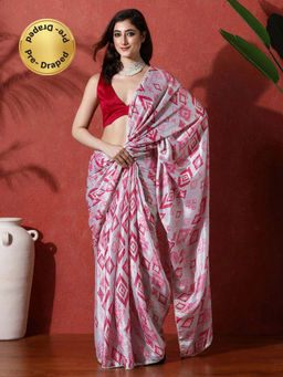 Lush Glam - Pink Ready To Wear Printed Phulkari Chinon Saree With Unstitched Blouse