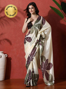 Lush Glam - Cream Ready To Wear Printed Phulkari Chinon Saree With Unstitched Blouse