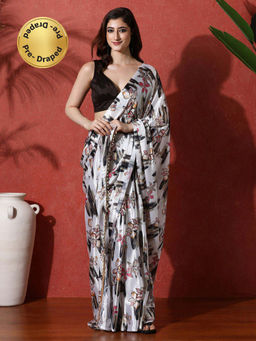 Lush Glam - Ready To Wear Floral White Chinon Saree With Unstitched Blouse
