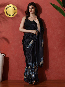 Lush Glam - Black Ready To Wear Printed Phulkari Chinon Saree With Unstitched Blouse