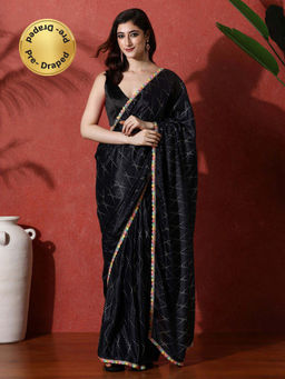 Lush Glam - Black Ready To Wear Geometric Phulkari Chinon Saree With Unstitched Blouse