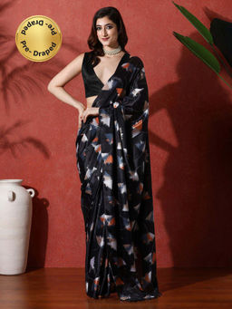 Lush Glam - Black Ready To Wear Floral Phulkari Chinon Saree With Unstitched Blouse