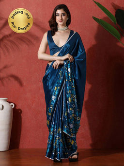 Lush Glam - Teal Ready To Wear Geometric Phulkari Chinon Saree With Unstitched Blouse