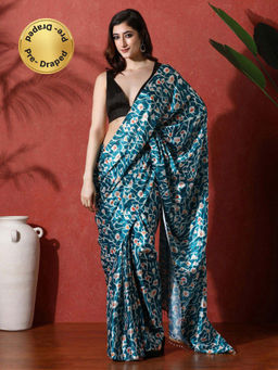 Lush Glam - Teal Ready To Wear Floral Phulkari Chinon Saree With Unstitched Blouse