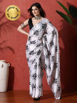 Lush Glam - White Ready To Wear Floral Phulkari Chinon Saree With Unstitched Blouse