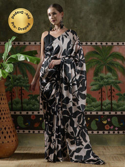 Lush Glam - Women Black Beautiful Printed Chinon Ready To Wear Saree with Unstitched Blouse