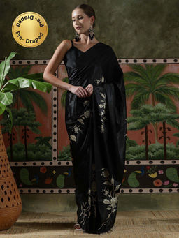 Lush Glam - Women Black Beautiful Printed Chinon Ready To Wear Saree with Unstitched Blouse