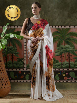 Lush Glam - Women White Beautiful Printed Chinon Ready To Wear Saree with Unstitched Blouse