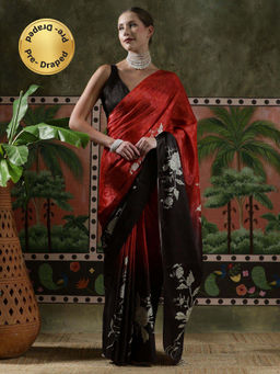 Lush Glam - Women Red Beautiful Printed Chinon Ready To Wear Saree with Unstitched Blouse