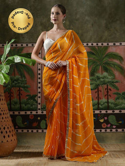 Lush Glam - Women Orange Embellished Leheriya Ready To Wear Saree with Unstitched Blouse