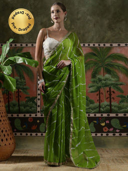 Lush Glam - Women Green Embellished Leheriya Ready To Wear Saree with Unstitched Blouse