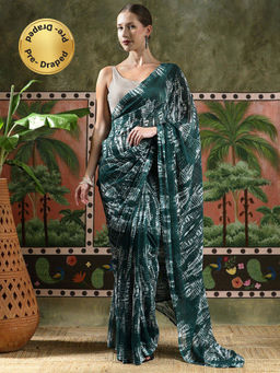 Lush Glam - Women Green Tie & Dye Georgette Ready To Wear Saree with Unstitched Blouse