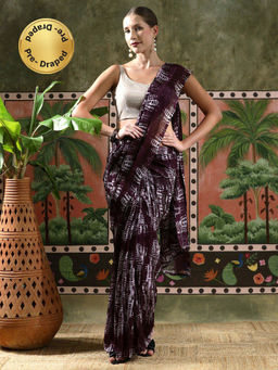 Lush Glam - Women Burgundy Tie & Dye Georgette Ready To Wear Saree with Unstitched Blouse