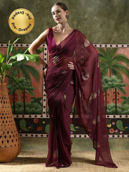 Lush Glam - Women Burgundy Foil Georgette Ready To Wear Saree with Unstitched Blouse