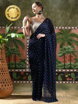 Lush Glam - Women Blue Leheriya Georgette Ready To Wear Saree with Unstitched Blouse