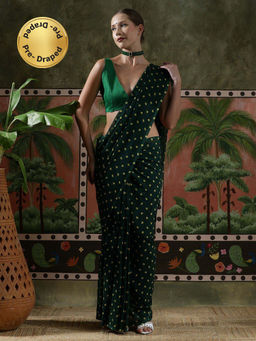 Lush Glam - Women Green Leheriya Georgette Ready To Wear Saree with Unstitched Blouse