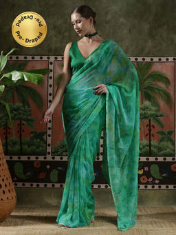 Lush Glam - Women Green Tie & Dye Georgette Ready To Wear Saree with Unstitched Blouse