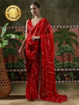 Lush Glam - Women Red Embellished Leheriya Ready To Wear Saree with Unstitched Blouse