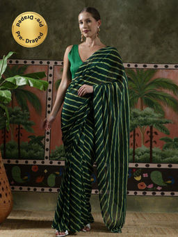 Lush Glam - Women Green Leheriya Printed Georgette Ready To Wear Saree with Unstitched Blouse