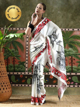 Lush Glam - Women White Beautiful Printed Chinon Ready To Wear Saree with Unstitched Blouse