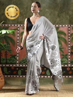 Lush Glam - Women White Beautiful Printed Chinon Ready To Wear Saree with Unstitched Blouse