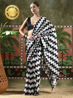 Lush Glam - Women White Beautiful Printed Chinon Ready To Wear Saree with Unstitched Blouse