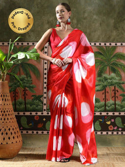 Lush Glam - Women Red Beautiful Printed Chinon Ready To Wear Saree with Unstitched Blouse