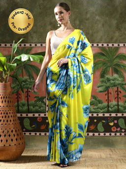 Lush Glam - Women Green Beautiful Printed Chinon Ready To Wear Saree with Unstitched Blouse