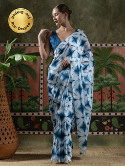 Lush Glam - Women White Beautiful Printed Chinon Ready To Wear Saree with Unstitched Blouse