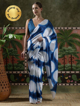 Lush Glam - Women White Beautiful Printed Chinon Ready To Wear Saree with Unstitched Blouse