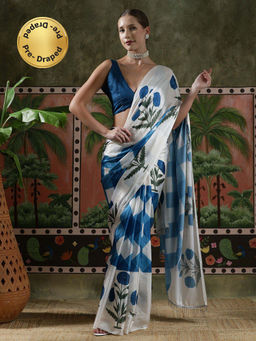 Lush Glam - Women White Beautiful Printed Chinon Ready To Wear Saree with Unstitched Blouse