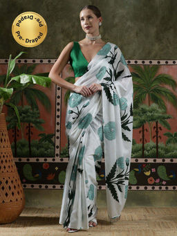 Lush Glam - Women White Beautiful Printed Chinon Ready To Wear Saree with Unstitched Blouse