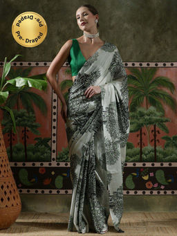 Lush Glam - Women Grey Beautiful Printed Chinon Ready To Wear Saree with Unstitched Blouse