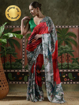 Lush Glam - Women Red Beautiful Printed Chinon Ready To Wear Saree with Unstitched Blouse